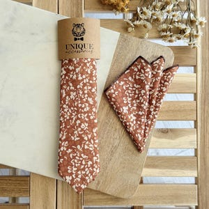 Terracotta Floral Necktie and Pocket Square, Rustic Wedding Floral Tie for Groom & Groomsmen