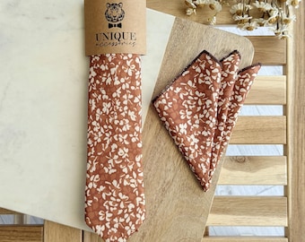 Terracotta Floral Necktie and Pocket Square, Rustic Wedding Floral Tie for Groom & Groomsmen