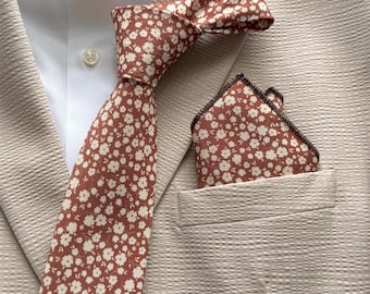 Terracotta Ditsy Floral Tie Set, Rustic Wedding Groomsmen Tie, Boho Necktie