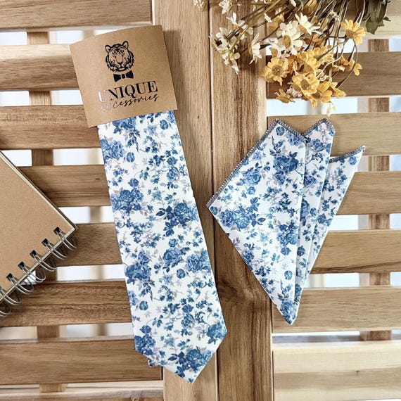 Dusty Blue Floral Necktie: Wedding Groomsmen Tie