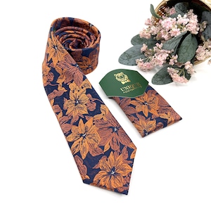Burnt Floral Necktie, Floral Mens Neckties, With Matching, Navy Necktie ...