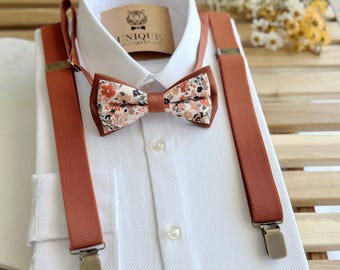 Burnt Orange Floral Bow Tie & Elastic Suspenders Set: Rustic Wedding