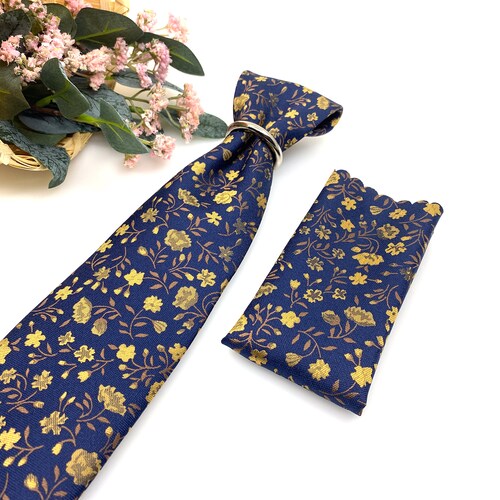 Mens Ties Navy Blue Taupe Gold Floral Mens Silk Necktie With - Etsy