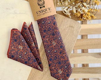 Navy and Rust Floral Tie Set: Autumn Wedding Groomsmen Gift