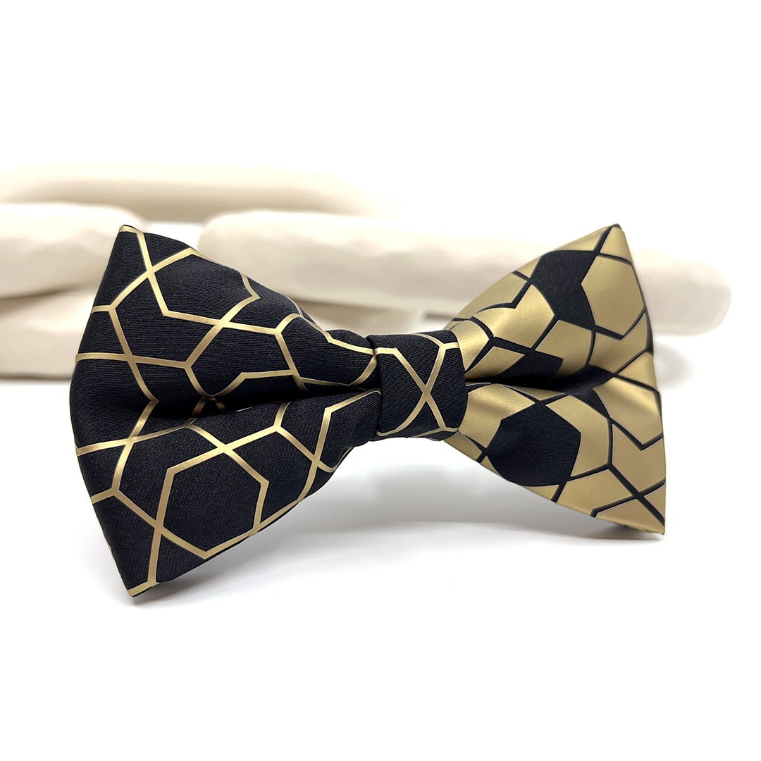Black Gold Bow Tie, Gold Foil Printing Bow Tie, Groom Bow Tie