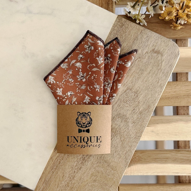 Bronze Rust Floral Necktie: Skinny Wedding Tie, Groomsmen Gift Only Pocket Square