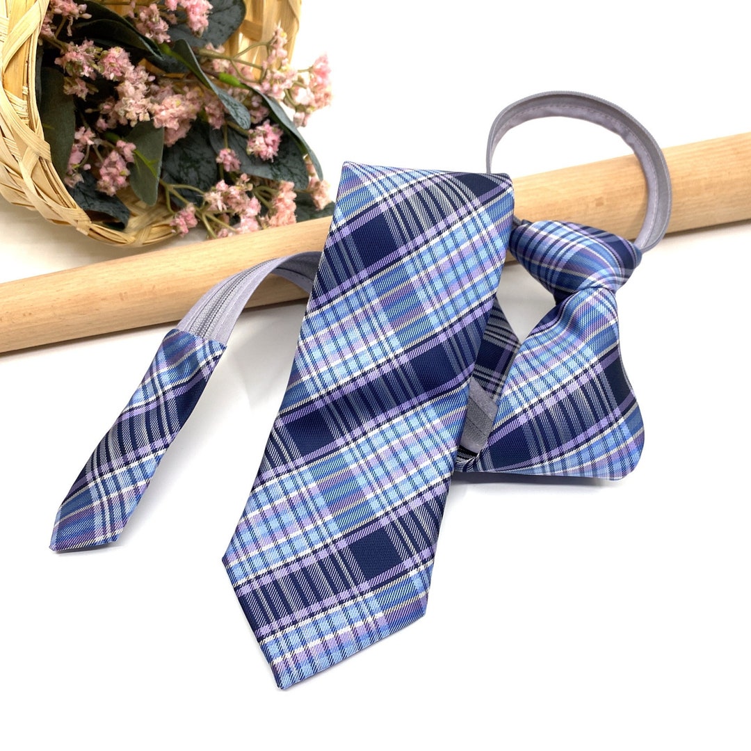 Blue Plaid Necktie, With Adjustable Zipper Tie, With Matching, Navy