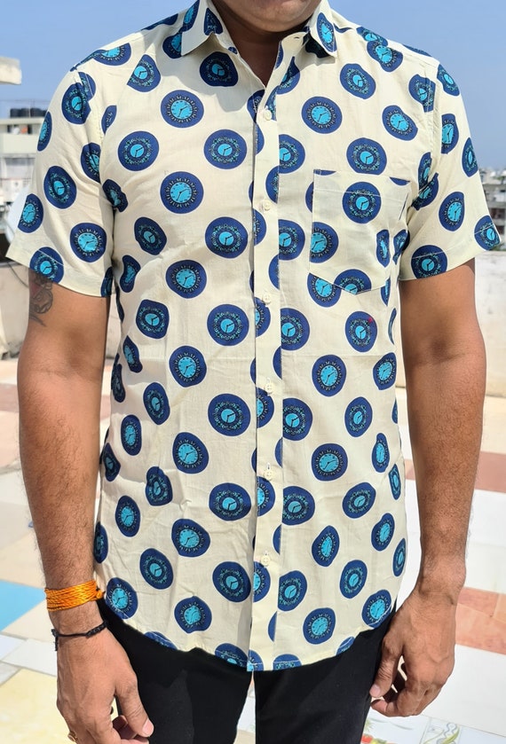 Mens Cotton Shirts Stylish Blue Clock 