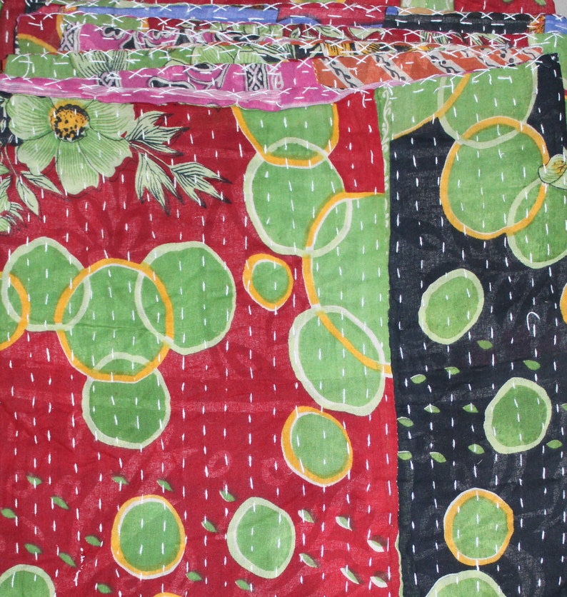 3 Pcs Home Decor Vintage Patchwork Kantha Quilt Handmade Sari Kantha Throw Indian Patch Blanket Reversible Sari Quilt Cotton Fabric Kantha