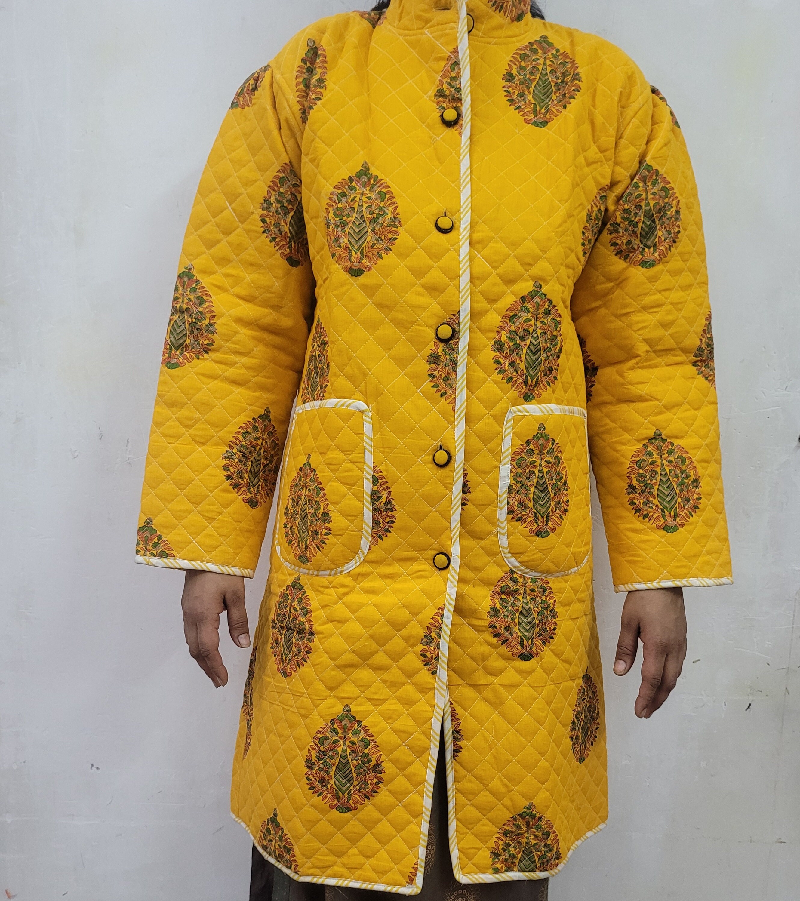 HANDMADE QUILTED JACKET. Women Partywear Long Jacket .cotton Printed Revesibel Handmade Button