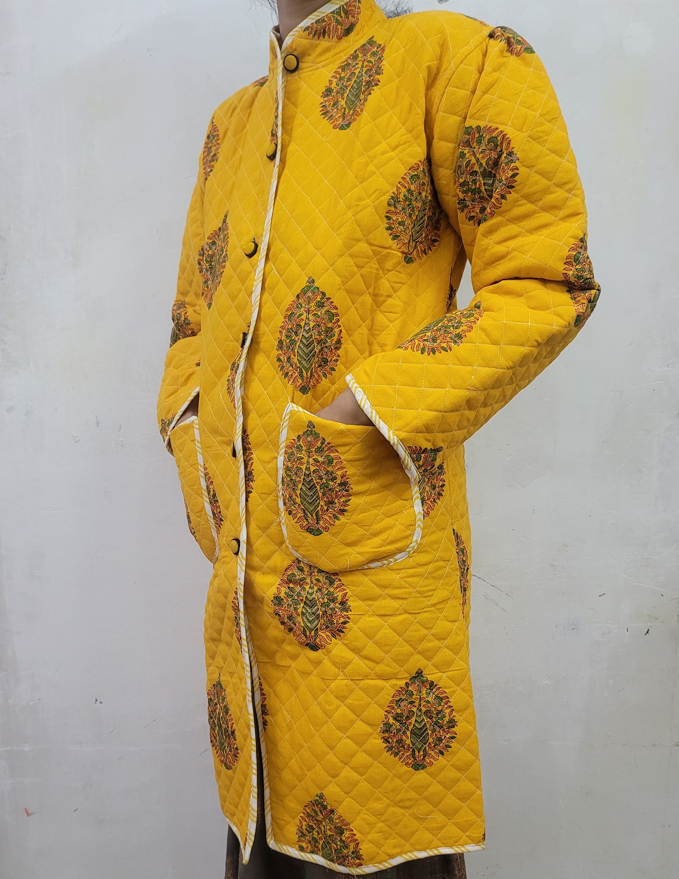 HANDMADE QUILTED JACKET. Women Partywear Long Jacket .cotton Printed Revesibel Handmade Button