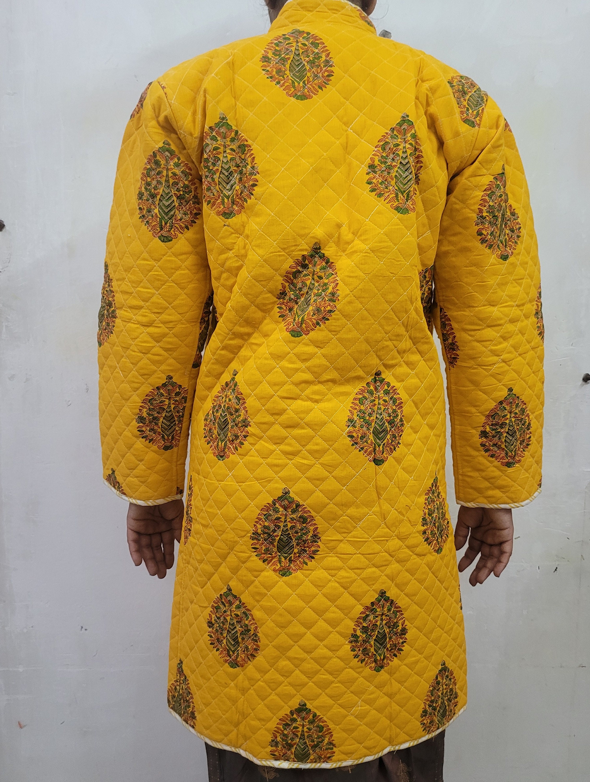 HANDMADE QUILTED JACKET. Women Partywear Long Jacket .cotton Printed Revesibel Handmade Button