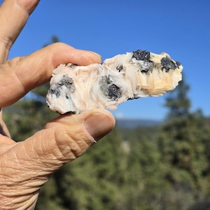 May include: A raw mineral specimen featuring clusters of pale peach-colored, blade-like crystals interspersed with dark gray, rounded metallic inclusions. The crystalline structure is irregular and textured, showcasing a contrast between the light-colored blades and the dark, dense mineral deposits embedded throughout the formation.