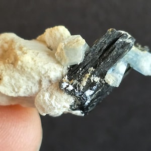 以下が含まれることがあります： 結晶の塊を特徴とする鉱物標本のクローズアップ。標本は、黒、水色、オフホワイトの組み合わせを示しています。黒い結晶は細長く、水色の結晶はより半透明です。