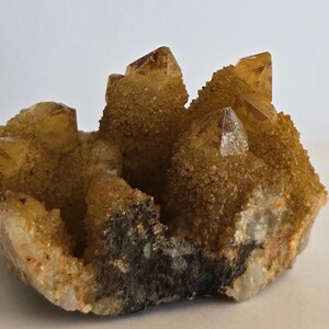 以下が含まれることがあります： 複数の尖った先端を持つ琥珀色の水晶クラスター。鉱物形成の表面は小さな粒状の結晶成長で覆われており、前面下部には暗い土のような基部が見えています。