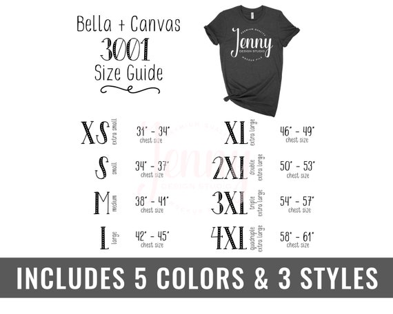 Bella Canvas 3001 Size Chart, Bella Canvas Mockup, Tshirt Size Chart,  Knotted Shirt Mockup, Flatlay Mockup, Unisex