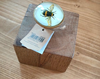 Solid Oak Handcrafted Paperweight Home Decor Office Paper Holder Cubic Dice Bumble Bee Knob