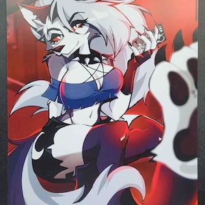 May include: Illustration of a white wolf-like character with red eyes, wearing a blue top and black choker. The artwork has a stylized design with a red and black background. The character is holding a small object.
