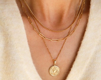 Zodiac astrology necklace, Celestial medallion necklace, Layered gold coin necklace, Cancer zodiac necklace, Constellation 14K gold necklace