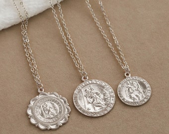 Sterling silver St Christopher coin necklace, Layered statement necklace, Protection necklace gift, Minimalist medallion pendant necklace