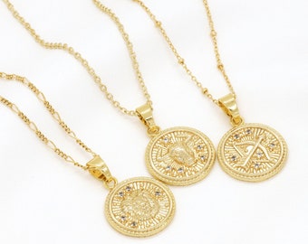 Zodiac coin necklace, Gold constellation necklace, Zodiac sign necklace, 14K gold astrology necklace, Layered celestial necklace, Medallion