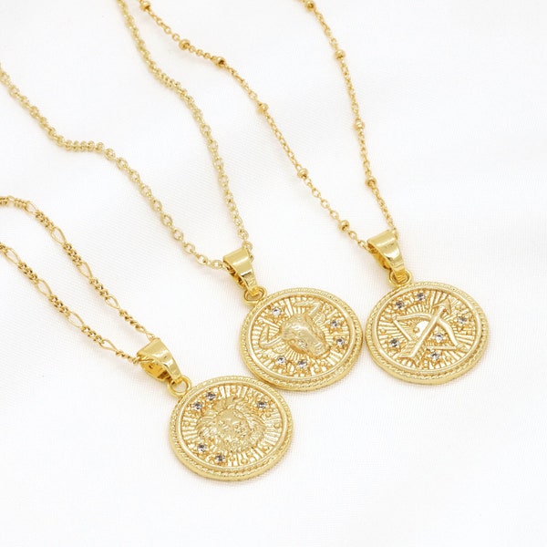 Zodiac coin necklace, Gold constellation necklace, Zodiac sign necklace, 14K gold astrology necklace, Layered celestial necklace, Medallion