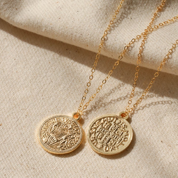 Gold coin necklace, Gold filled necklace, Greek coin necklace, Roman coin pendant necklace, Medallion necklace, Gift for her, 14K gold