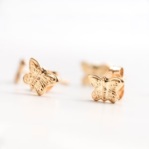 Gold butterfly earrings, Cute gold stud earrings, Dainty minimalist earrings, Kawaii bridesmaid earrings, Hypoallergenic gold filled earring