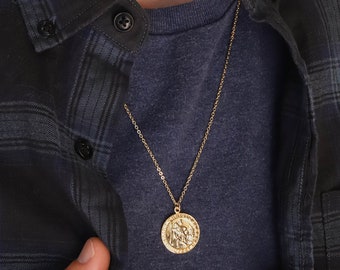 Mens gold St Christopher coin necklace, 14K gold filled protection necklace for boyfriend, Men's anniversary jewelry gift for husband, Him