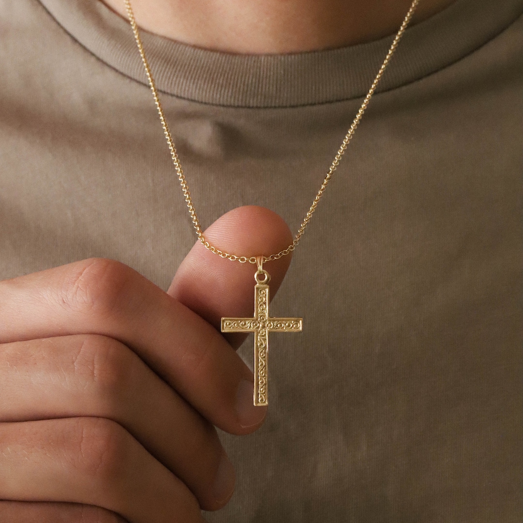 Mens Gold Cross Pendant Necklace, Mens Chain Necklace, Mens Gold Jewelry, Boyfriend Anniversary