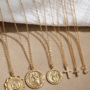 Gold St Christopher coin necklace, Layered statement necklace, 14K gold filled protection necklace, Minimalist medallion pendant necklace image 3