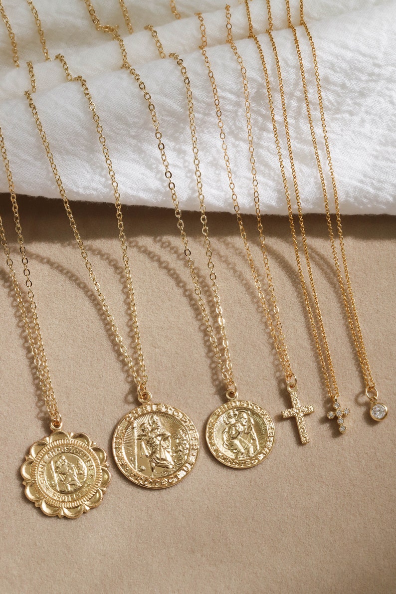 Gold St Christopher coin necklace, Layered statement necklace, 14K gold filled protection necklace, Minimalist medallion pendant necklace image 3