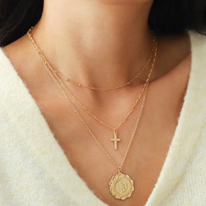 Gold St Christopher coin necklace, Layered statement necklace, 14K gold filled protection necklace, Minimalist medallion pendant necklace image 5