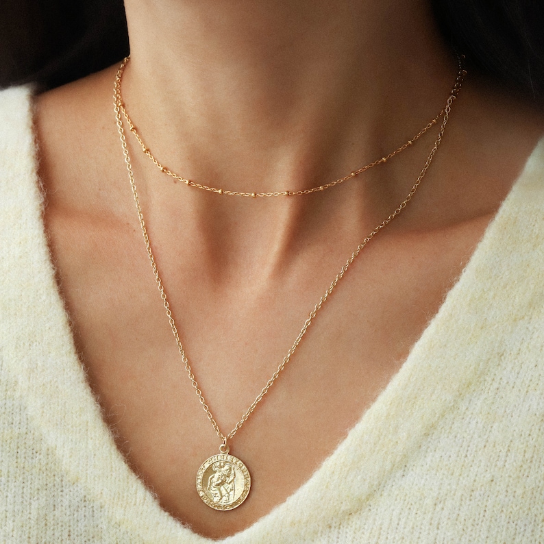 Gold St Christopher coin necklace, Layered statement necklace, 14K gold filled protection necklace, Minimalist medallion pendant necklace image 7