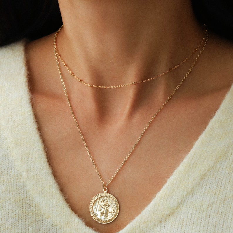 Gold St Christopher coin necklace, Layered statement necklace, 14K gold filled protection necklace, Minimalist medallion pendant necklace image 6