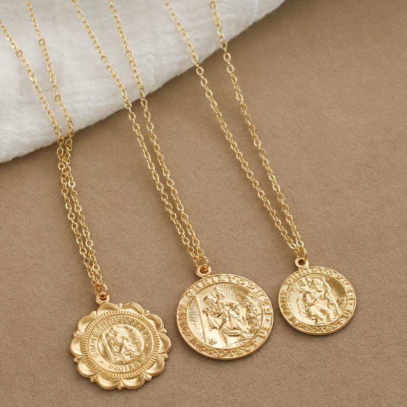 Gold St Christopher coin necklace, Layered statement necklace, 14K gold filled protection necklace, Minimalist medallion pendant necklace image 1