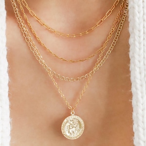 Gold St Christopher coin necklace, Layered statement necklace, 14K gold filled protection necklace, Minimalist medallion pendant necklace image 8