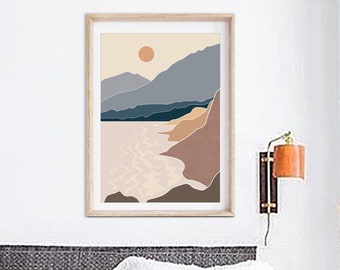 Mountain artwork, boho beach wall art, abstract landscape, mountains print, terracotta wall art, pastel wall art, mountain art print.