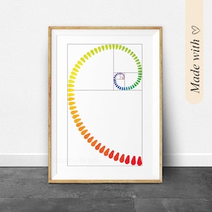 Könnte beinhalten: Ein gerahmter Druck eines bunten Spiralmusters, inspiriert von der Fibonacci-Folge, mit weißem Hintergrund und einem Holzrahmen.