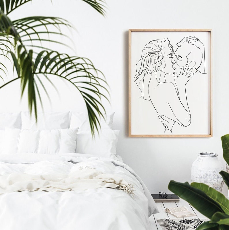 Couple Line Art Kissing Print Romantic Art Couple Drawing Etsy