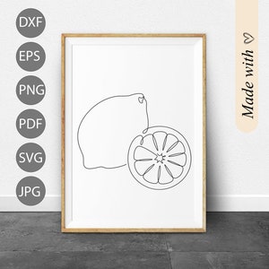 May include: A black and white line drawing of a lemon and a slice of lemon. The lemon is whole and the slice is cut in half. The drawing is simple and elegant.
