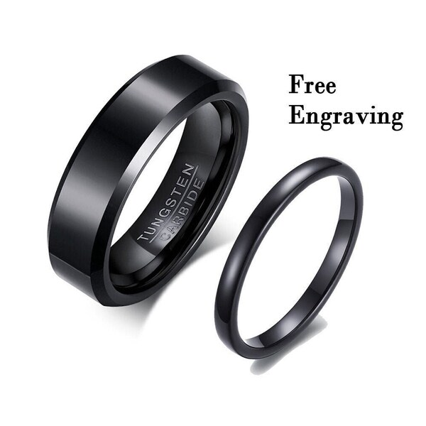 Black promise ring for couple set, tungsten wedding band set