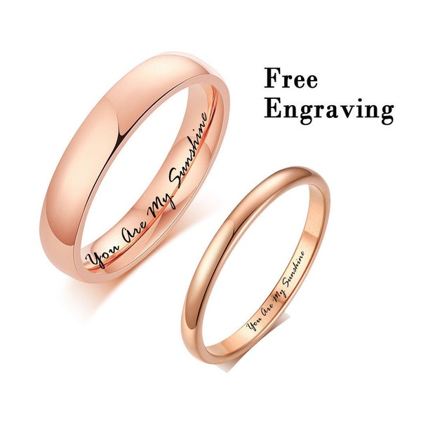 Verlobungsring für Paar einfach, Versprechensring für Paar, 2mm / 4mm Roségold gravierter Ring