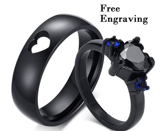 Couples ring set black hearts,his and hers gothic ring set,gothic engagement ring