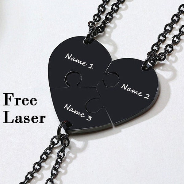 3 pieces stainless steel heart puzzle matching necklace set, best friend necklace for 3, sisters necklace for 3