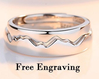 Sterling silver Mountain & Sea promise rings for couples, couple rings