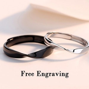 Black gold and white gold  plated sterling silver Mobius couples rings, Promise rings for couples