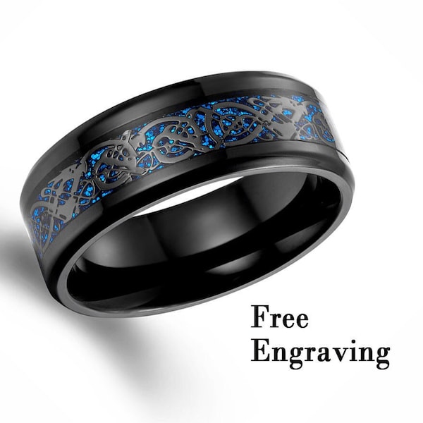 Ring for him,Black with blue Carbon fiber dragon ring