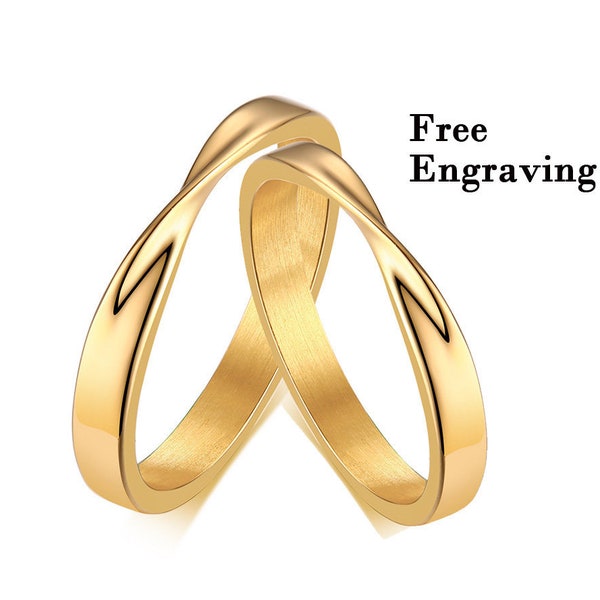 Gold single twist ring mobius ring, mobius engraved rings