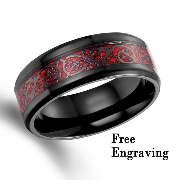 Bague dragon noire et rouge en fibre de carbone pour homme, bague noire et rouge